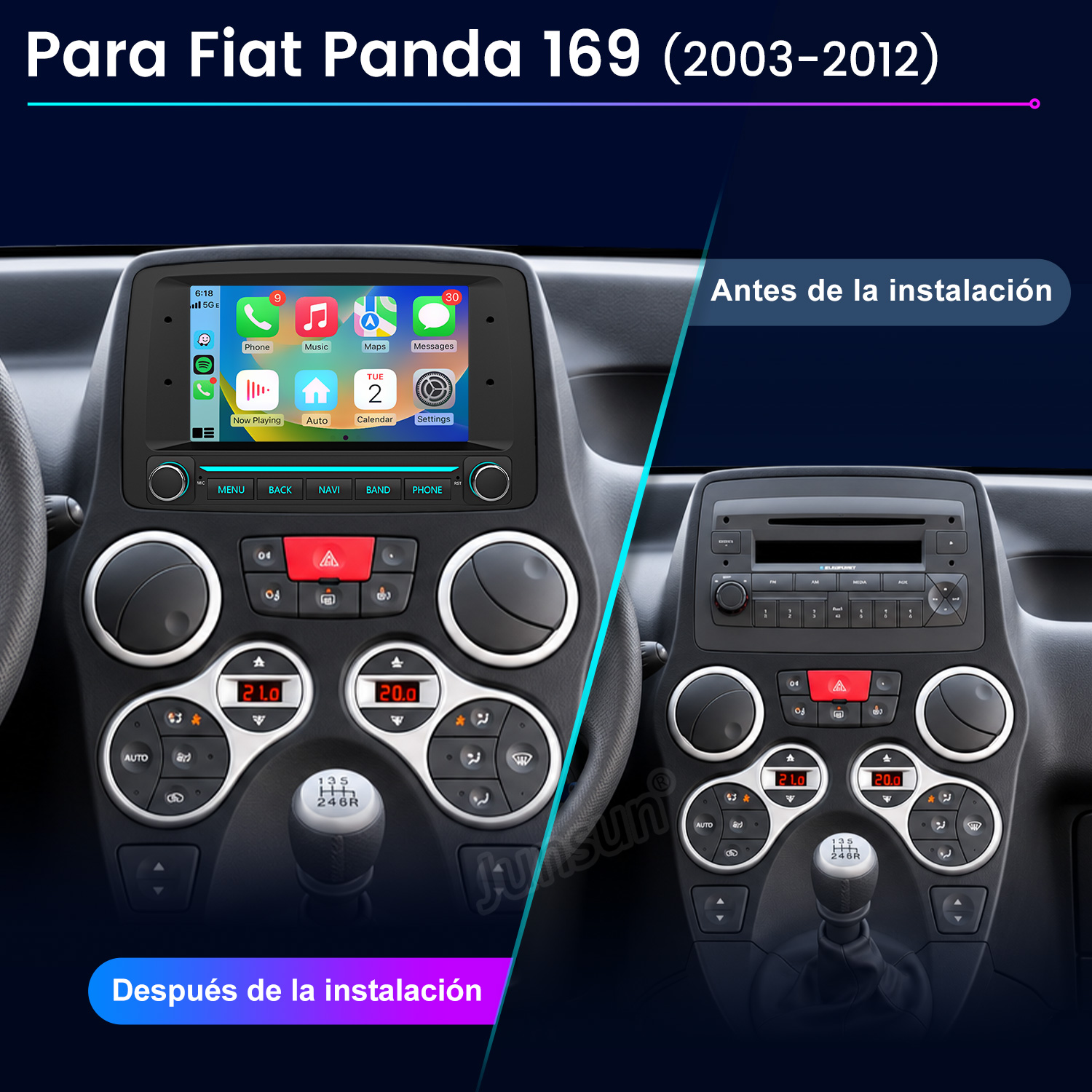 Comparación de la consola central del Fiat Panda 169 antes y después de instalar una nueva radio.