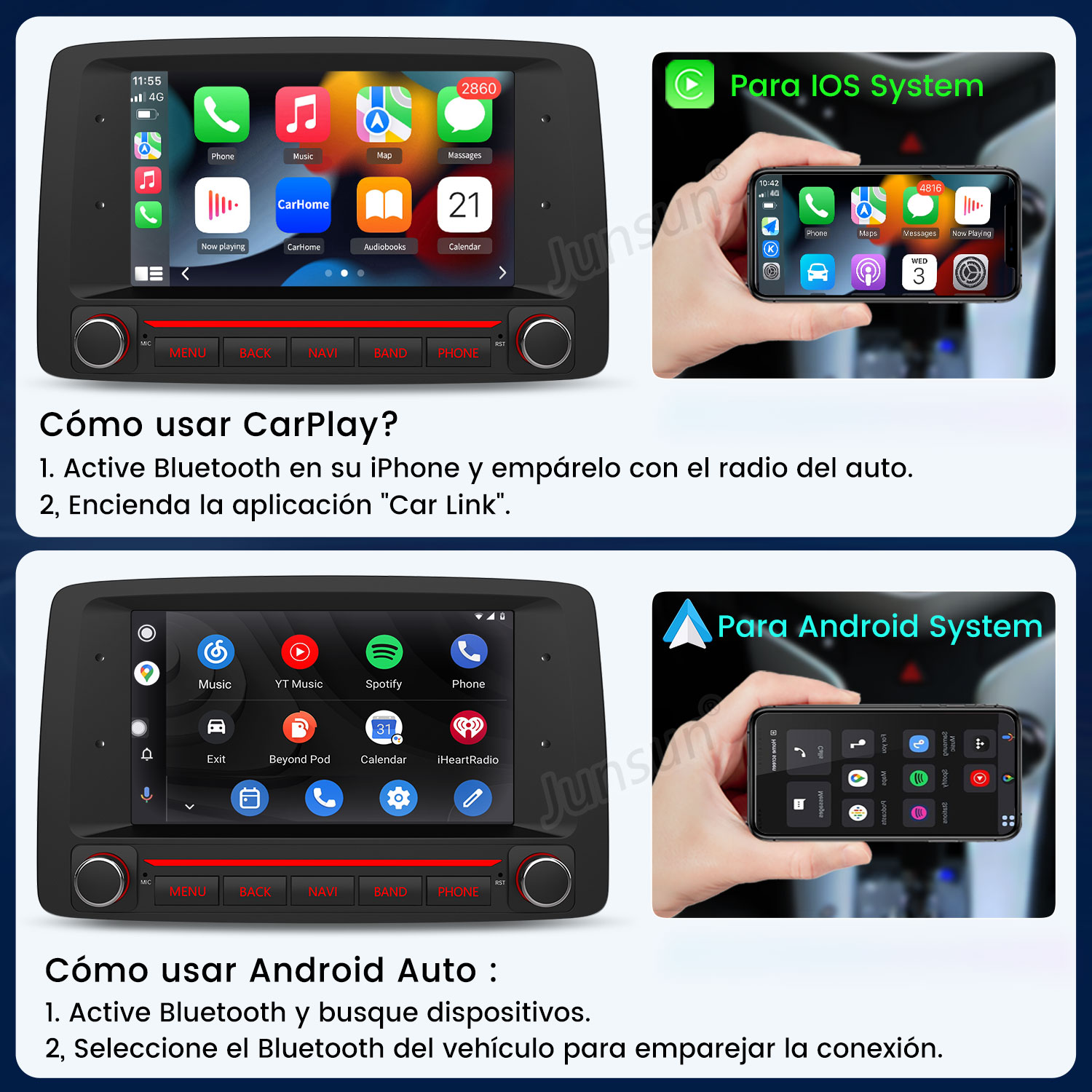 Instrucciones para usar CarPlay y Android Auto en radios de coche y smartphones.