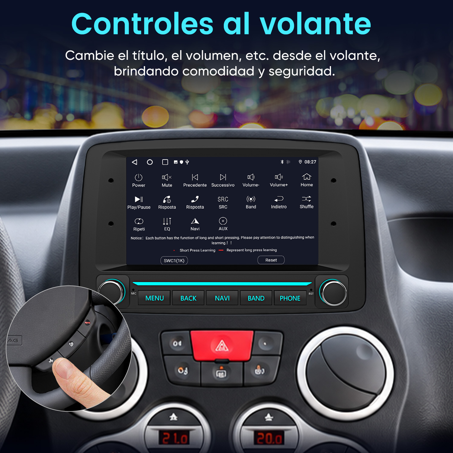 Un salpicadero de coche con pantalla táctil digital y botones de control en el volante.