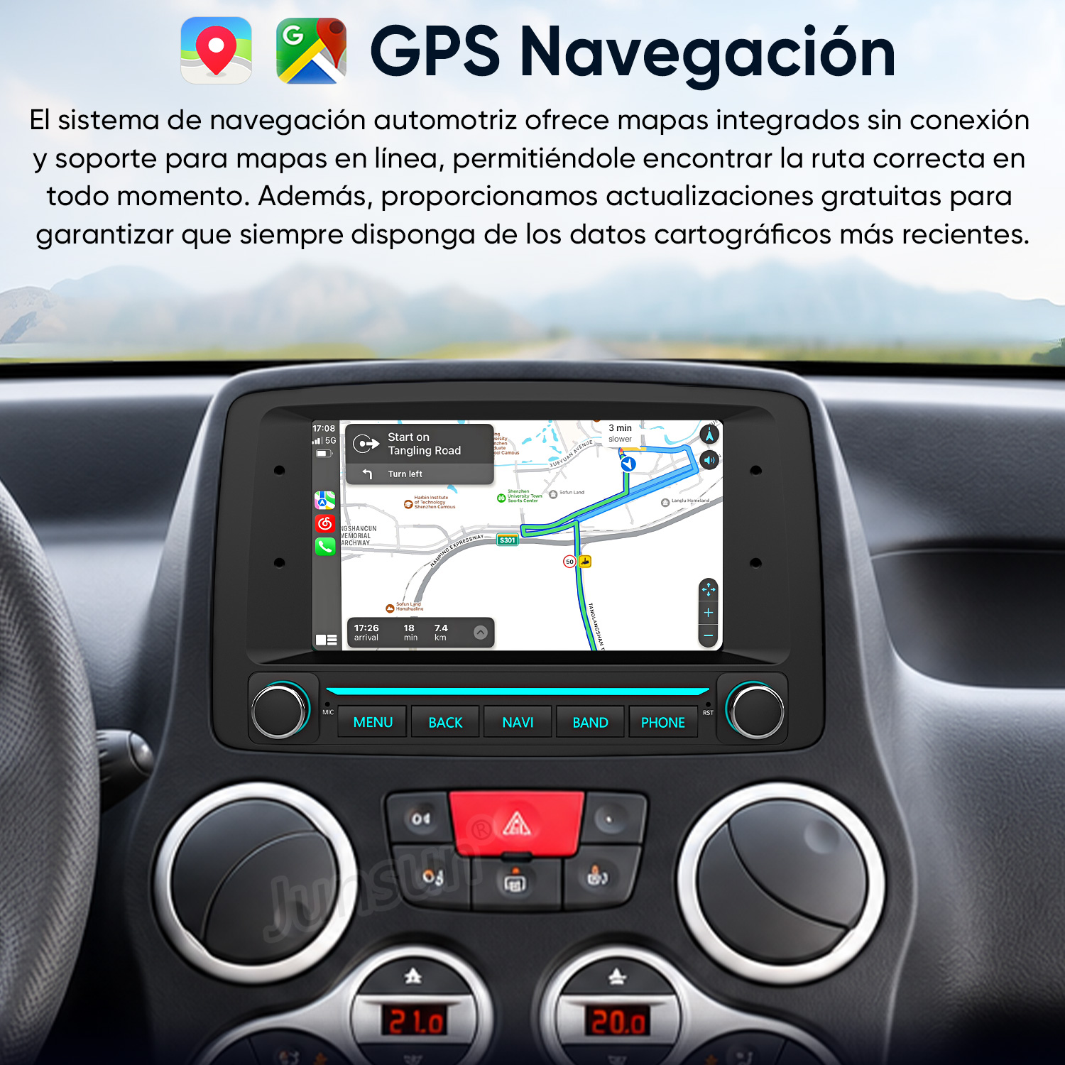 Una pantalla de navegación de coche muestra un mapa de carreteras en el tablero.