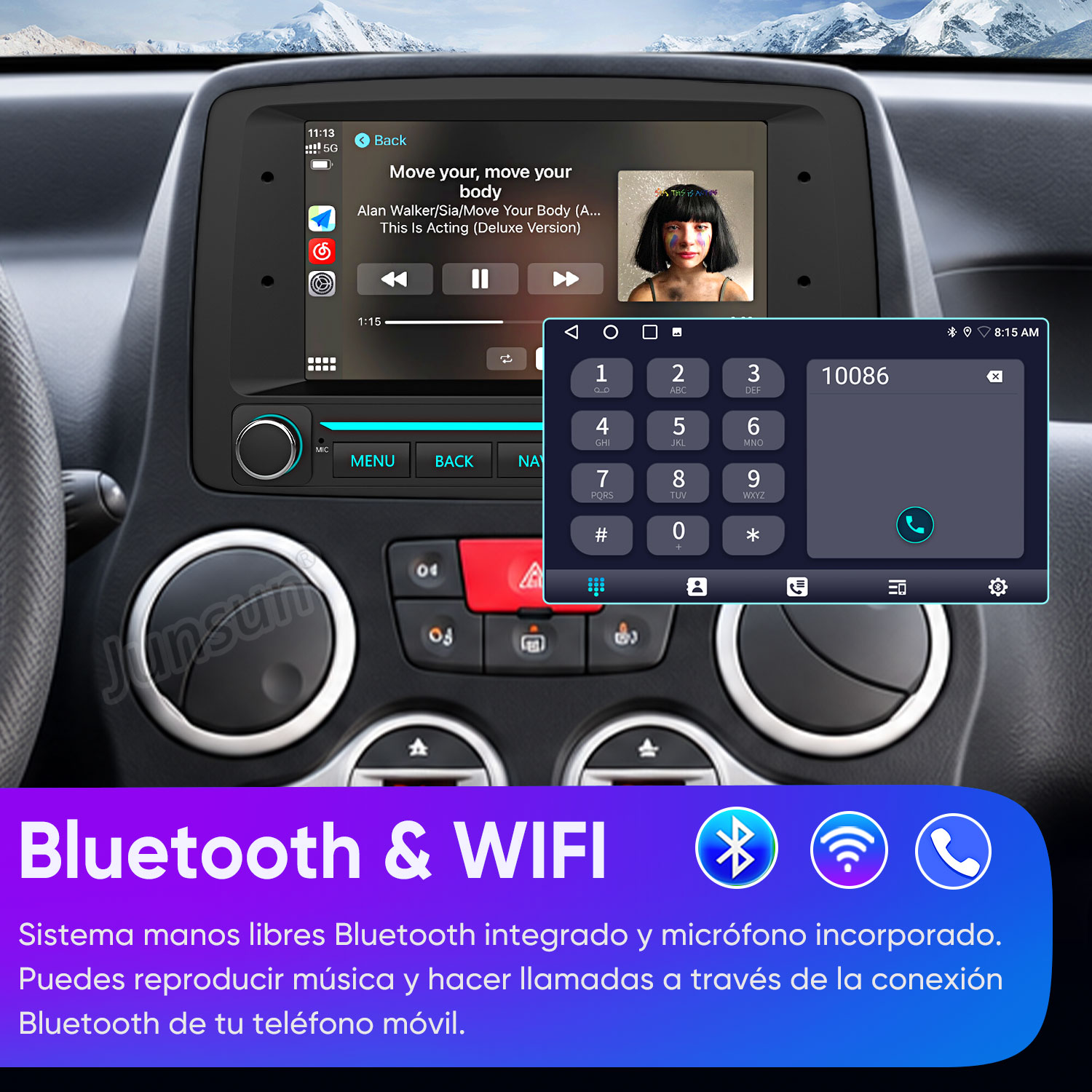 Una pantalla de coche muestra música y un teclado para llamadas Bluetooth.