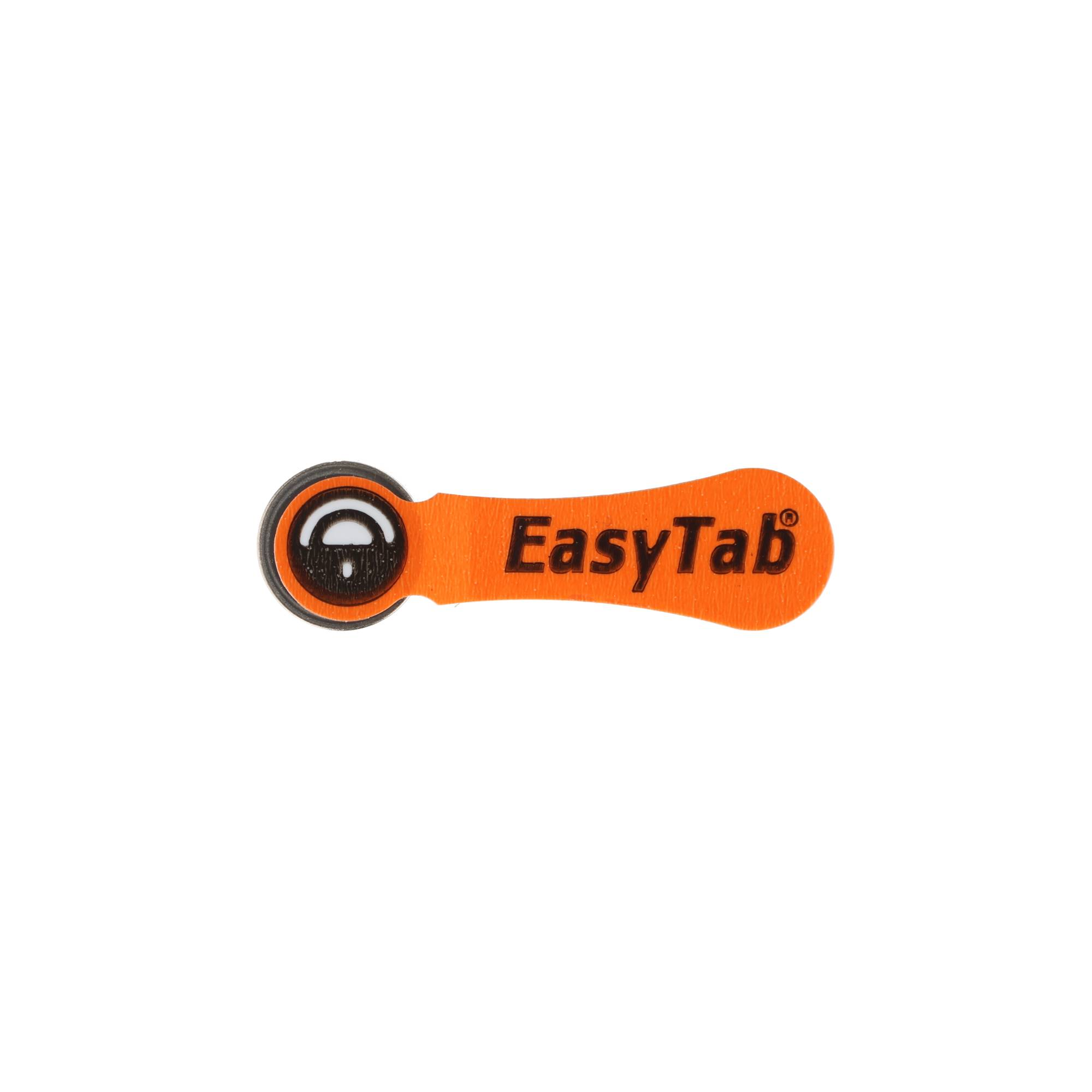 Un adesivo per batteria per apparecchi acustici EasyTab arancione con una piccola linguetta nera su sfondo bianco.