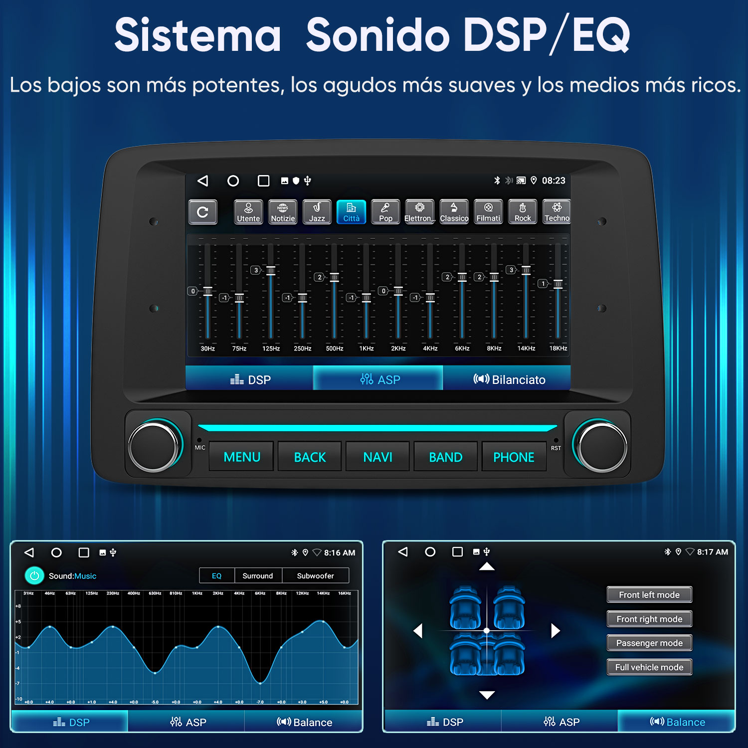 Sistema de audio para auto con pantalla de ecualizador y ajustes.