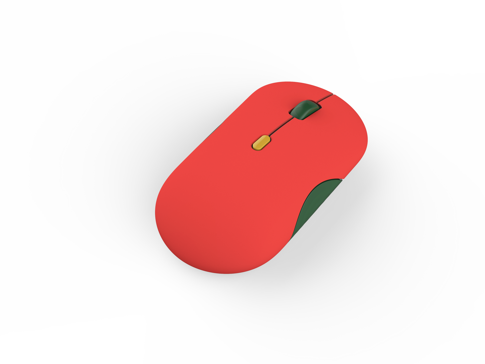 Un ratón de ordenador inalámbrico rojo con rueda de desplazamiento verde y botón amarillo sobre fondo oscuro.