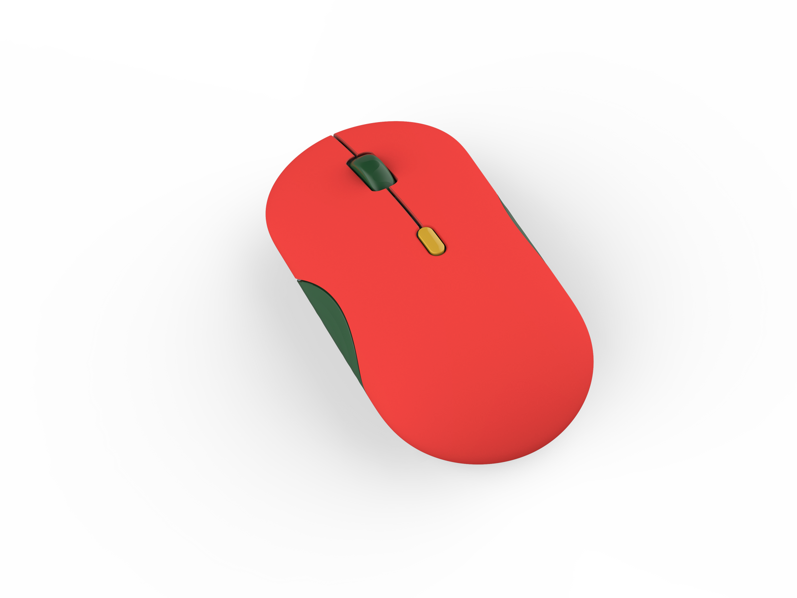 Un ratón de ordenador rojo con rueda verde oscura y botón amarillo sobre fondo negro.