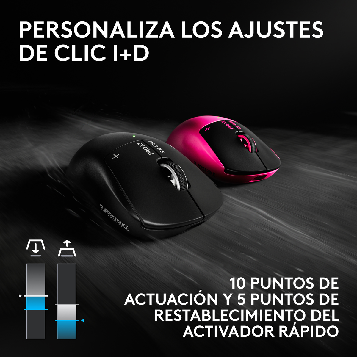 Dos ratones gaming inalámbricos, negro y rosa, sobre fondo oscuro texturizado con texto en español.