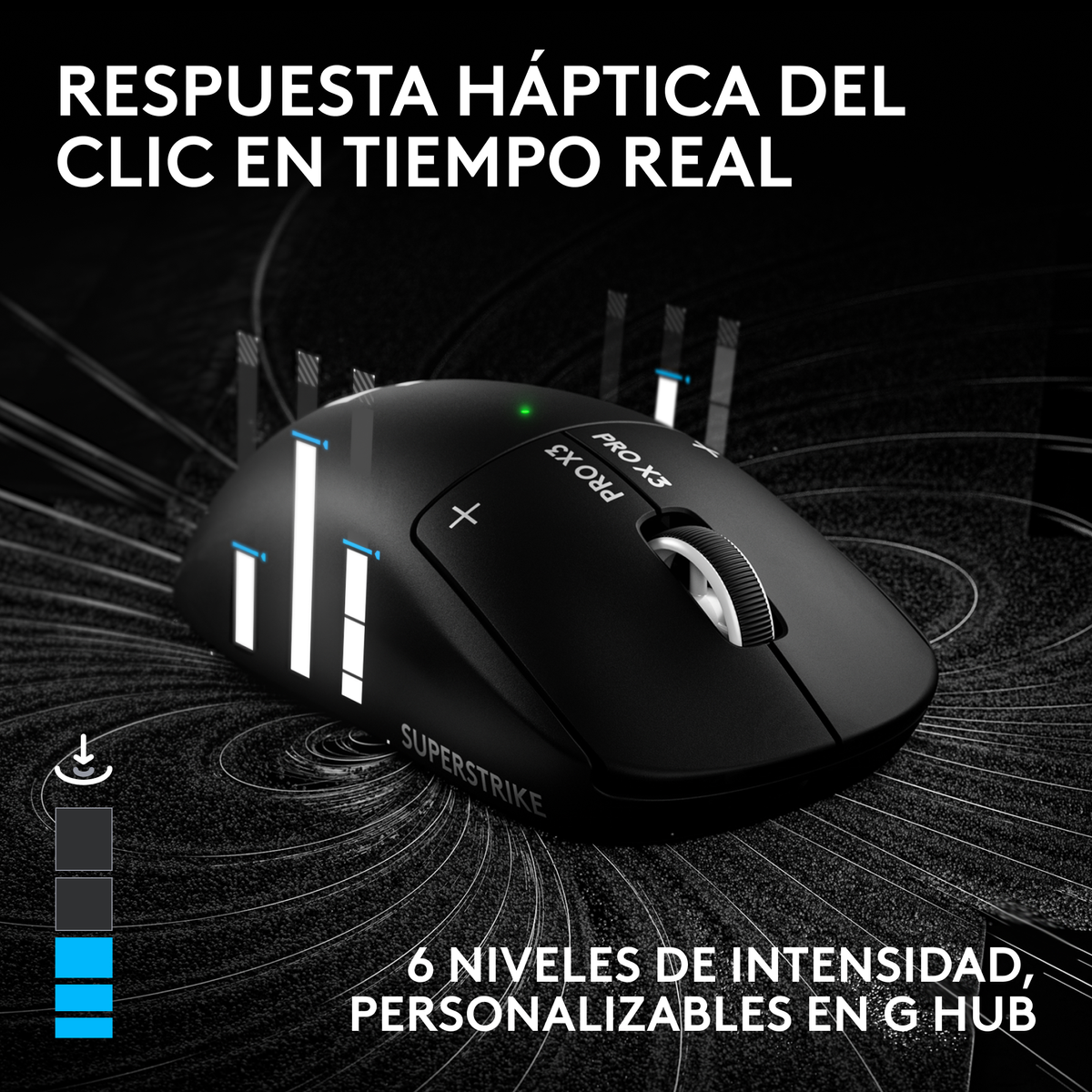 Ratón de juego negro sobre fondo oscuro con patrones abstractos y texto en español.