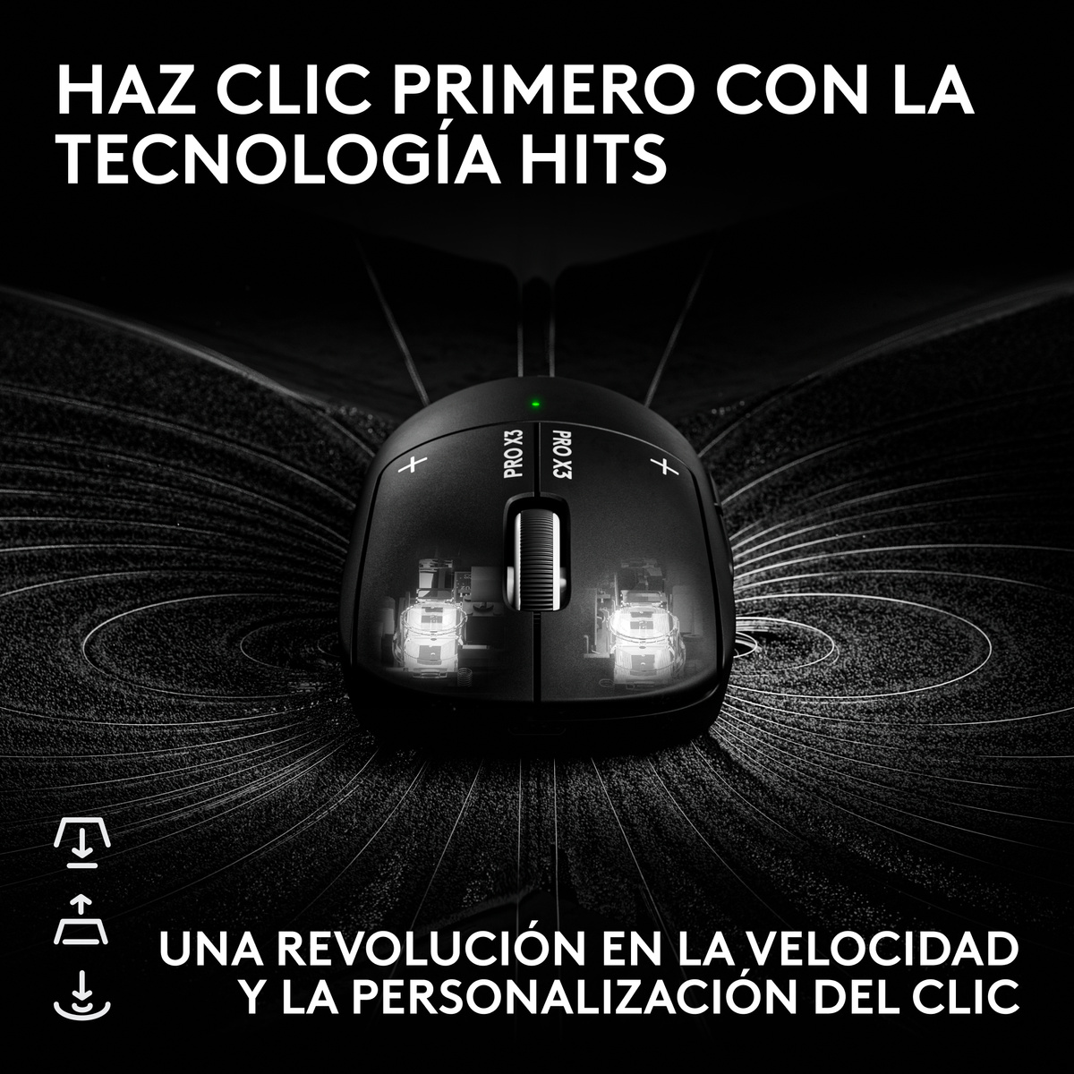 Un ratón negro sobre fondo oscuro con texto en español que promociona la tecnología HITS.