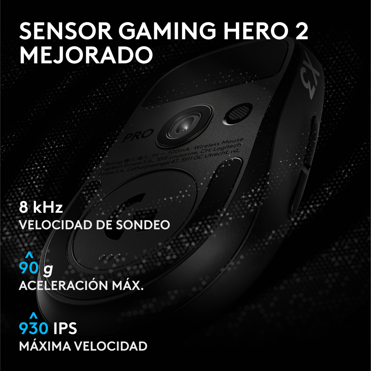 Vista inferior de un ratón gaming negro con sensor y especificaciones como 8 kHz, 90g y 930 IPS.
