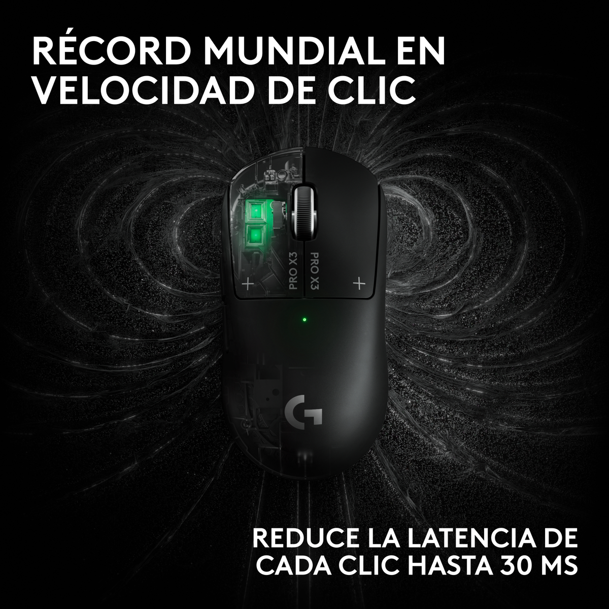 Un ratón negro con carcasa superior transparente que revela componentes electrónicos internos brillantes.