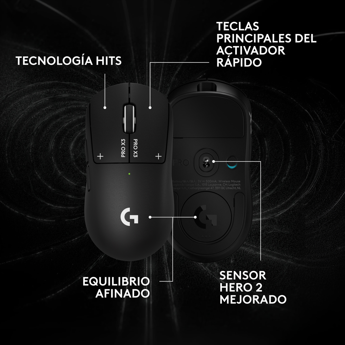 Vistas superior e inferior de un ratón de juego negro de Logitech con etiquetas en español.