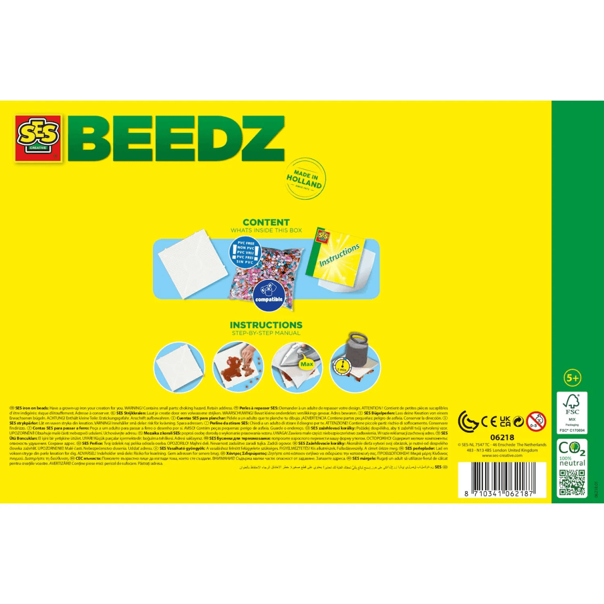 Parte trasera amarilla de una caja de cuentas de planchar SES Beedz con contenido e instrucciones.