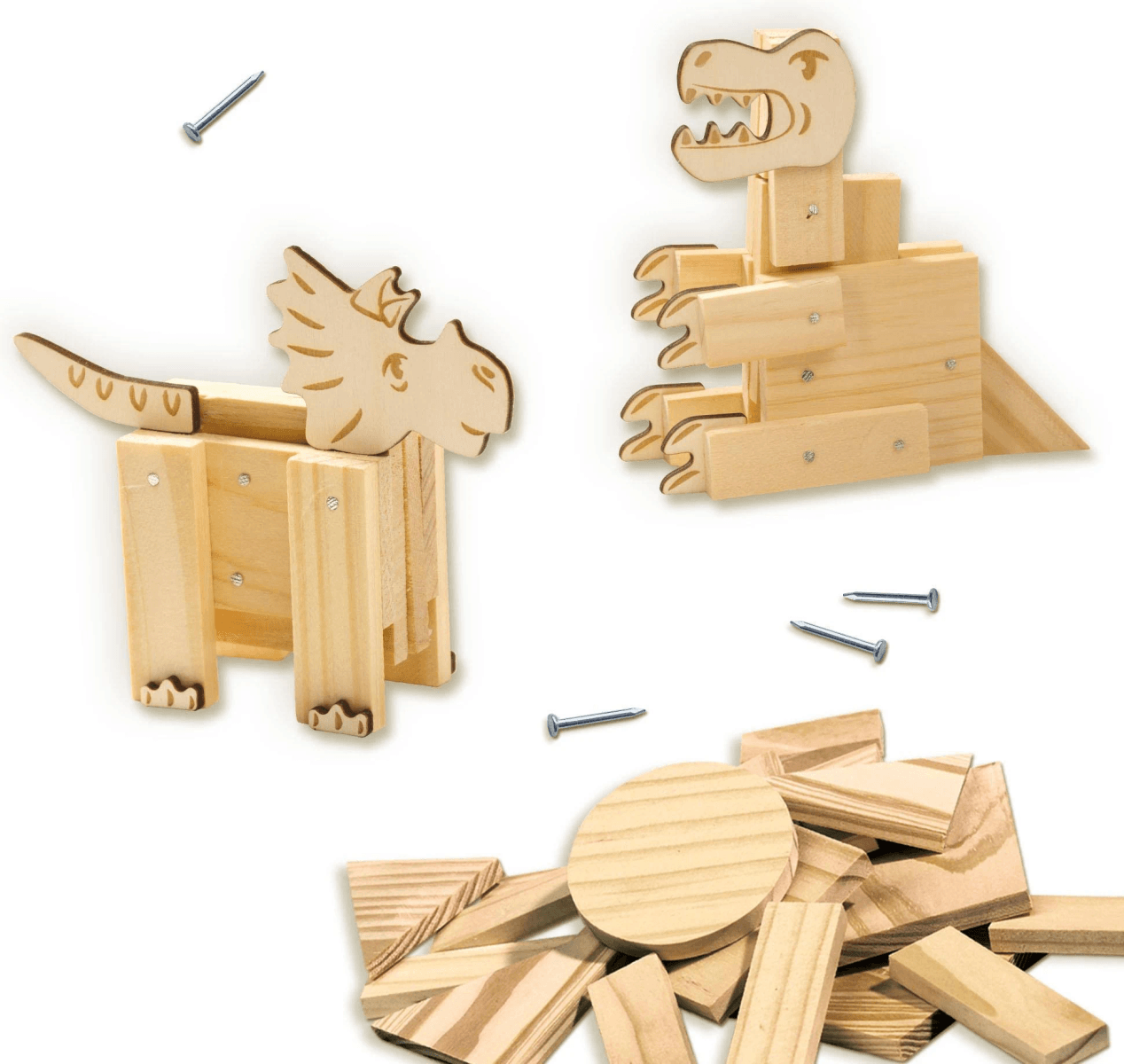 Dinosaurios de juguete de madera, tornillos y un montón de bloques de construcción de madera.