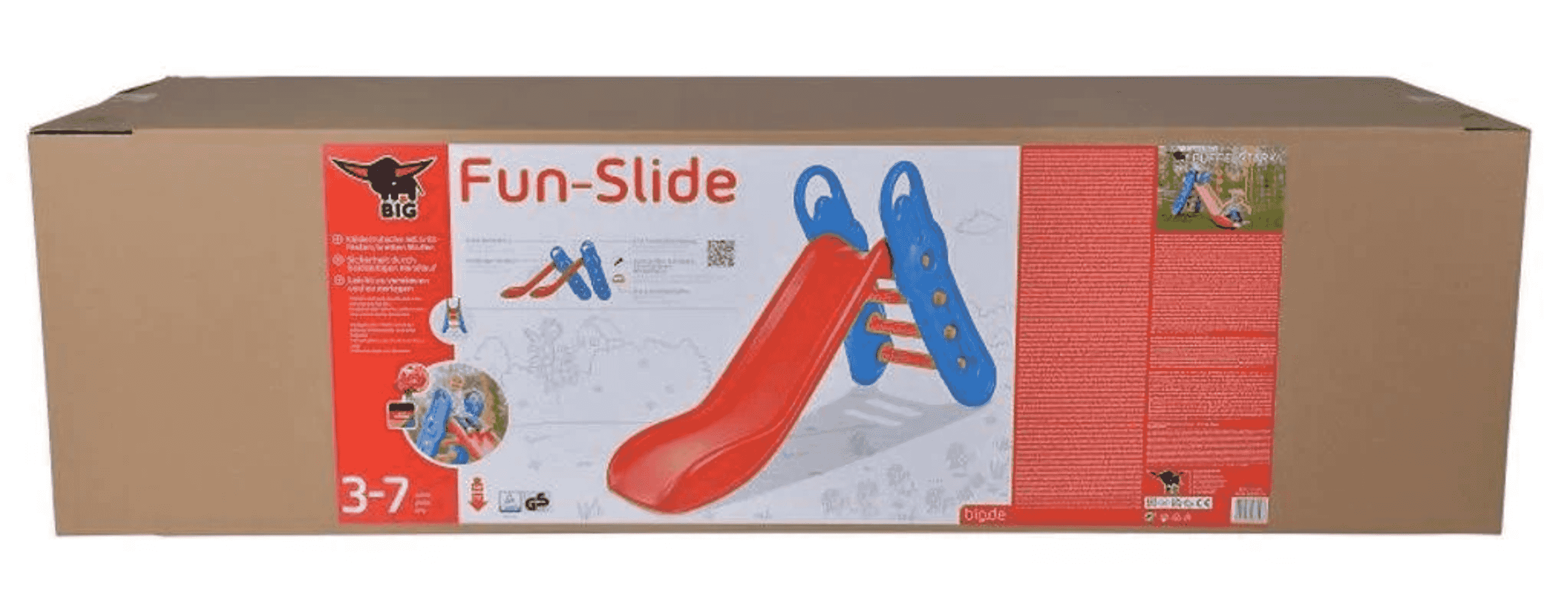 Una caja de cartón grande muestra un tobogán colorido con superficie roja y paneles laterales azules para niños.