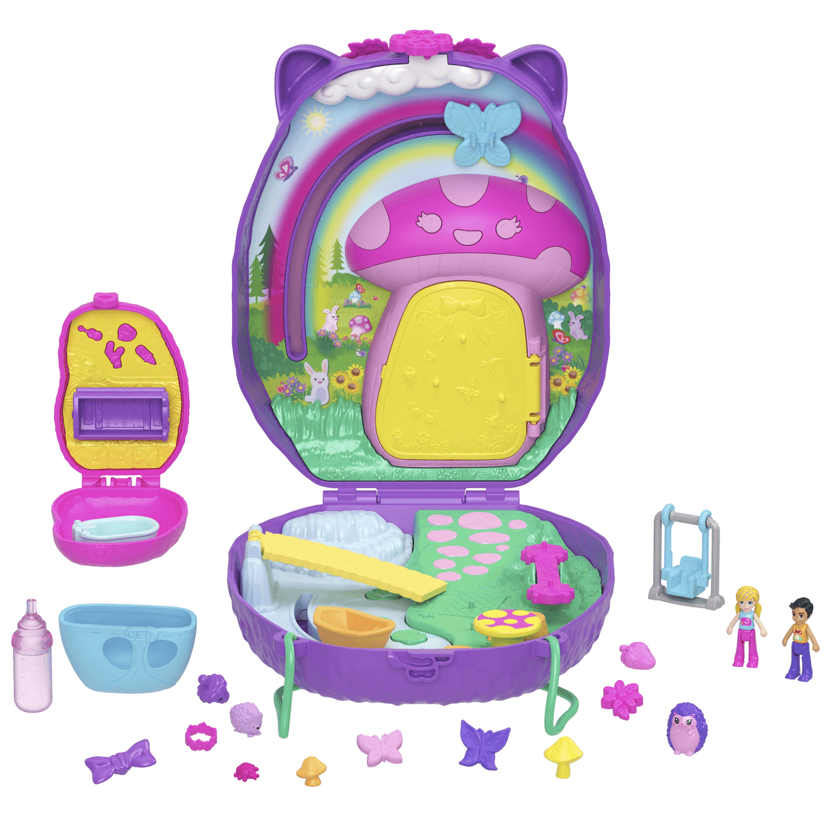 Un juego de erizo morado se abre para revelar una casa seta mágica, un arco iris, figuras y accesorios.
