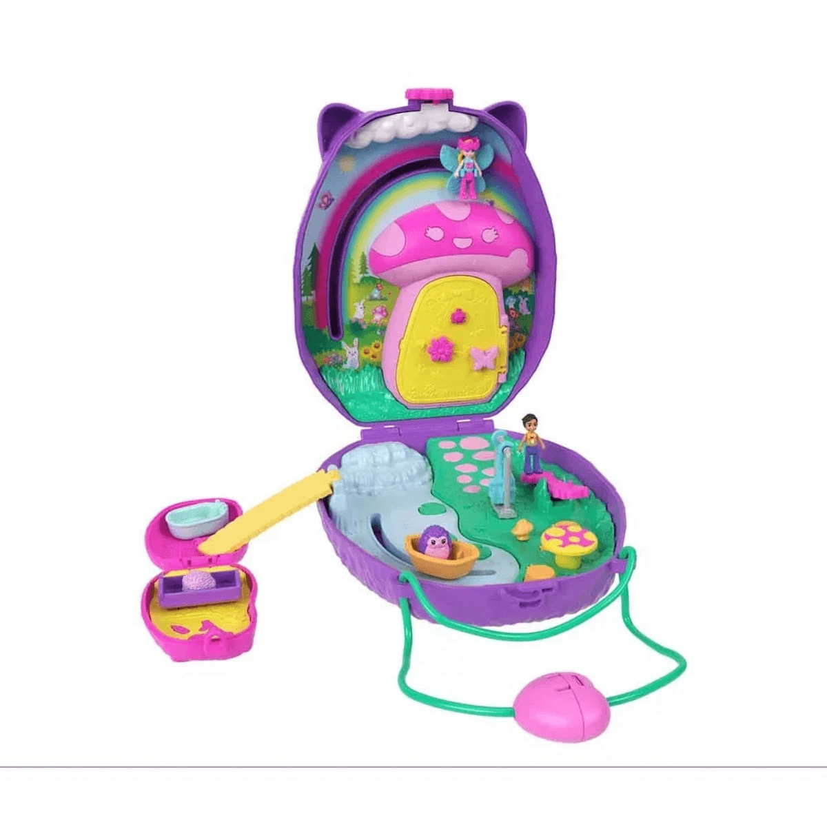 Juego de juguete morado con arco iris, casa de setas, figuras y pequeños accesorios.