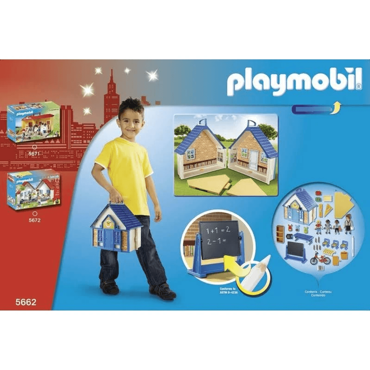 Caja de set escolar Playmobil con un niño sosteniendo una escuela de juguete portátil, artículos y figuras.