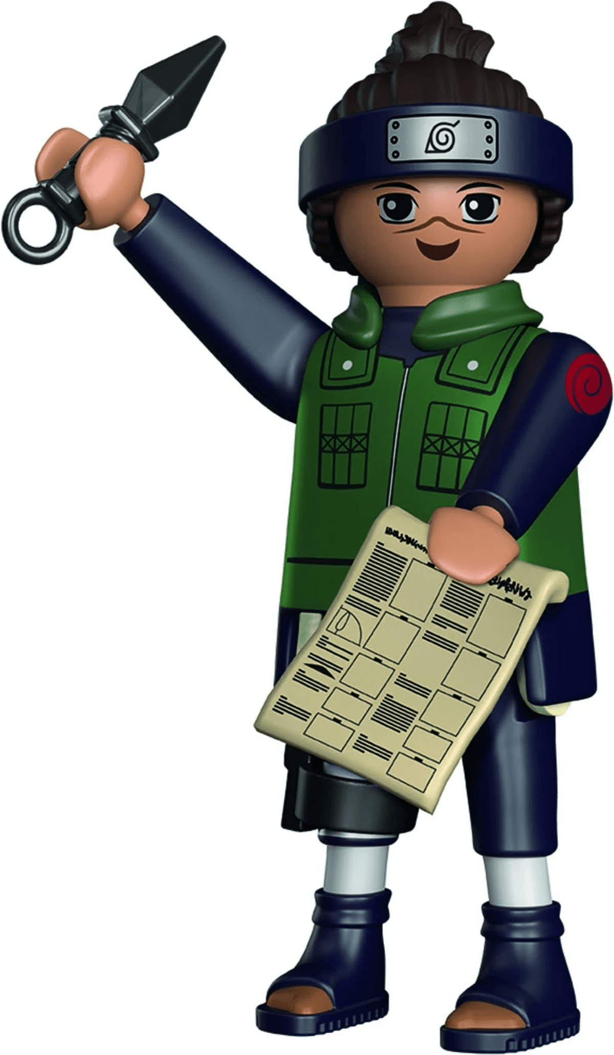 Figura de Playmobil estilo ninja, sosteniendo un kunai en su mano derecha y un pergamino en la izquierda.