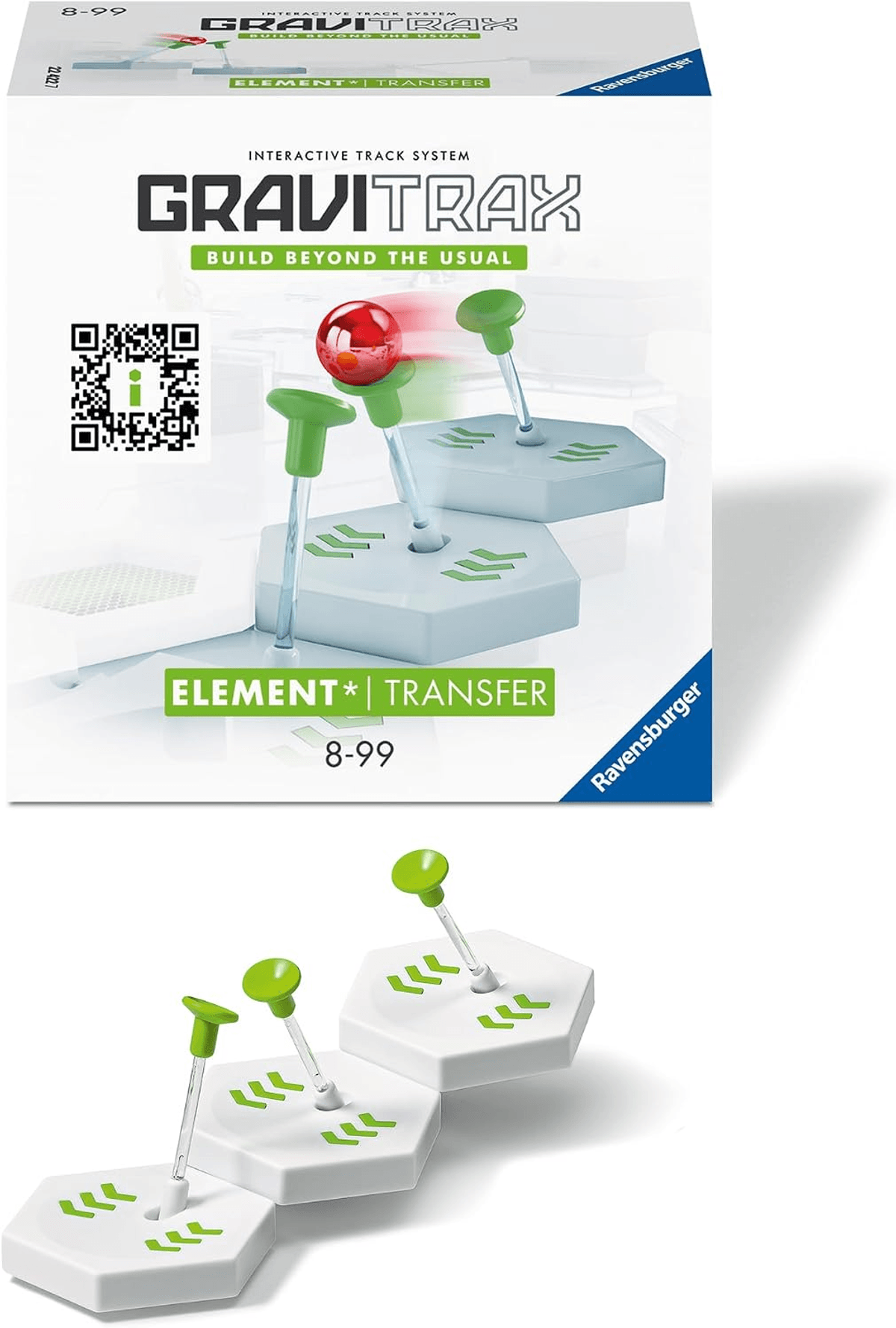 El set de transferencia GraviTrax incluye tres hexágonos blancos con postes en T verdes y una canica roja.