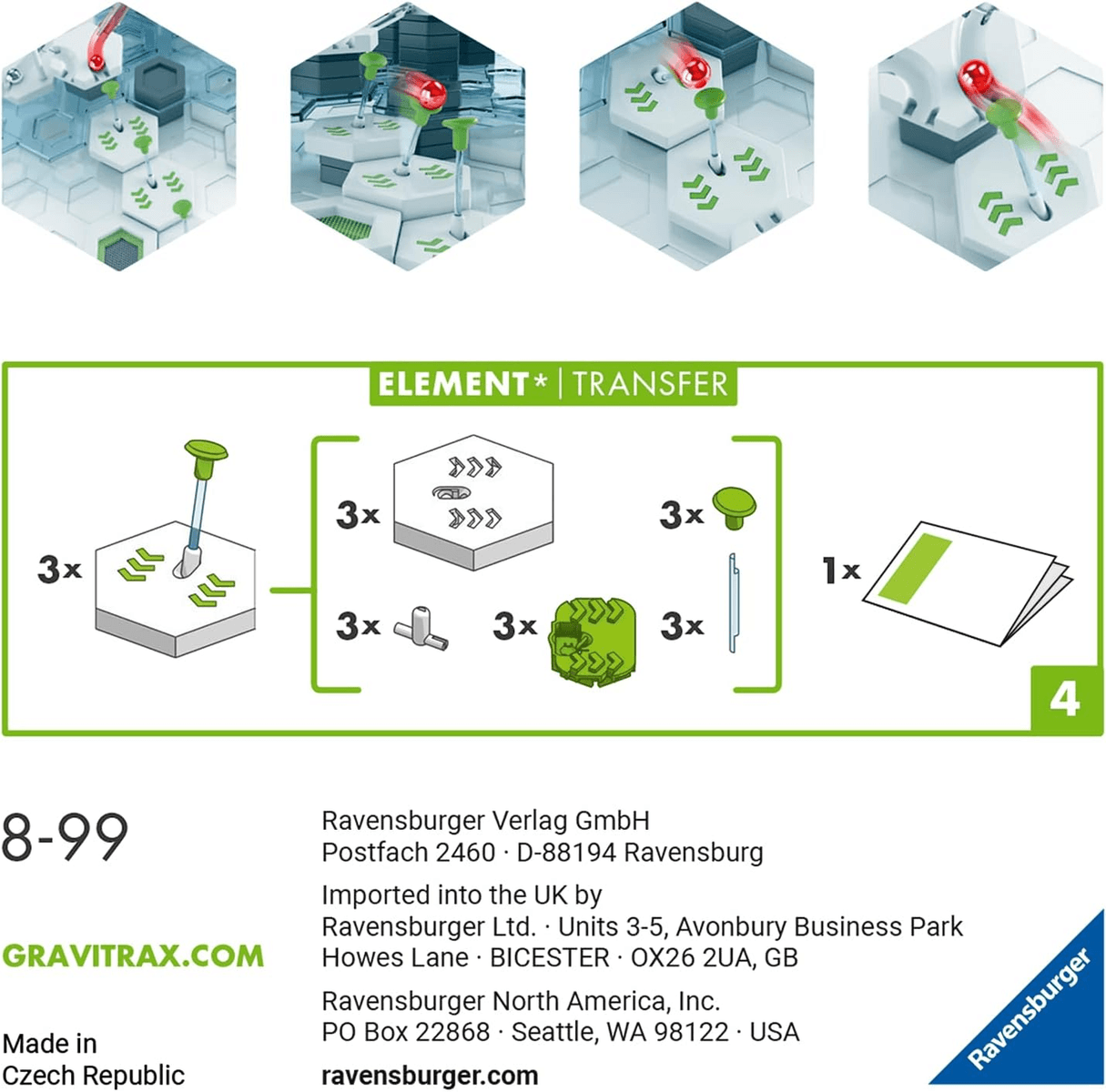 Instrucciones para un elemento de juguete GraviTrax llamado Transfer con lista de piezas e información.