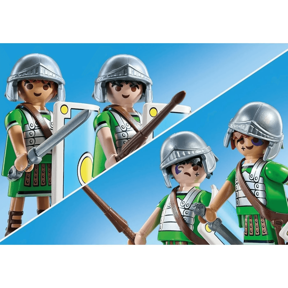 Soldados romanos de Playmobil con túnica verde y armadura plateada, con espada y escudo, antes y después de la batalla.