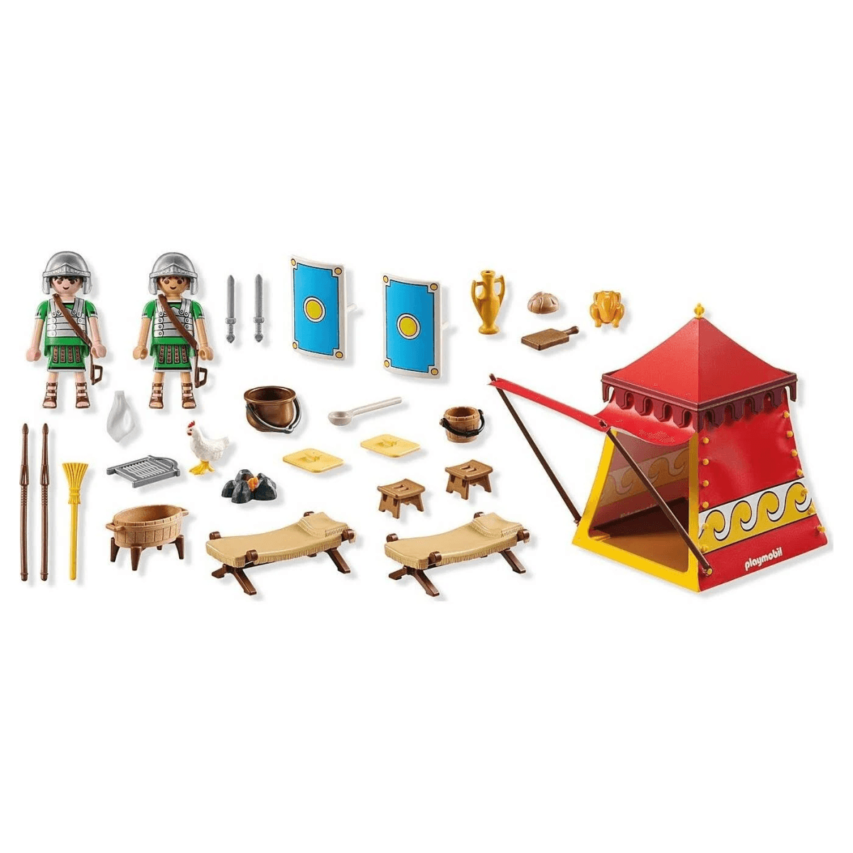 Set romano de Playmobil con dos figuras, tienda roja, utensilios de cocina, catres, escudos y accesorios.