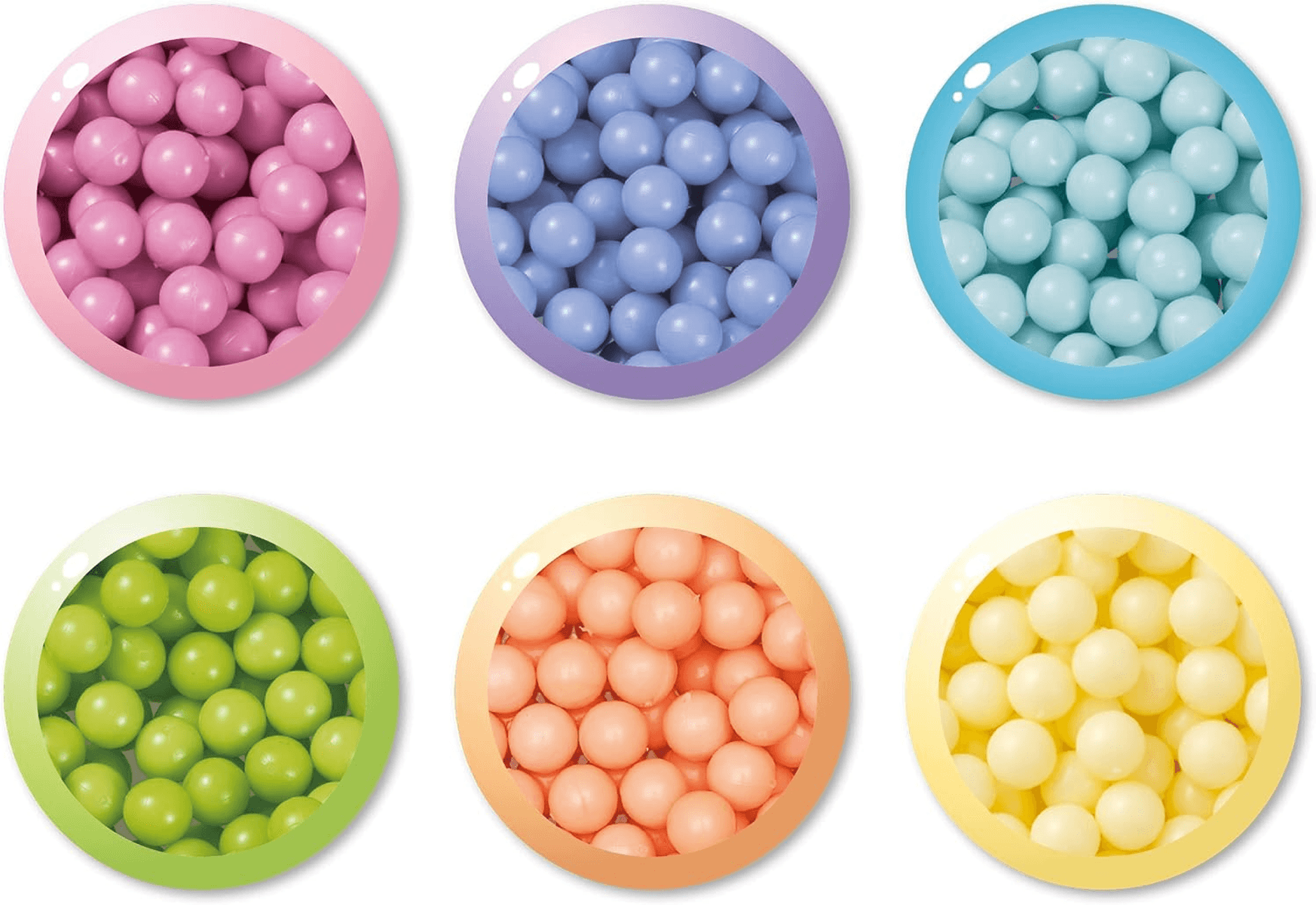 Seis secciones circulares con pequeñas bolas de plástico de colores en rosa, azul, azul claro, verde, melocotón y amarillo.