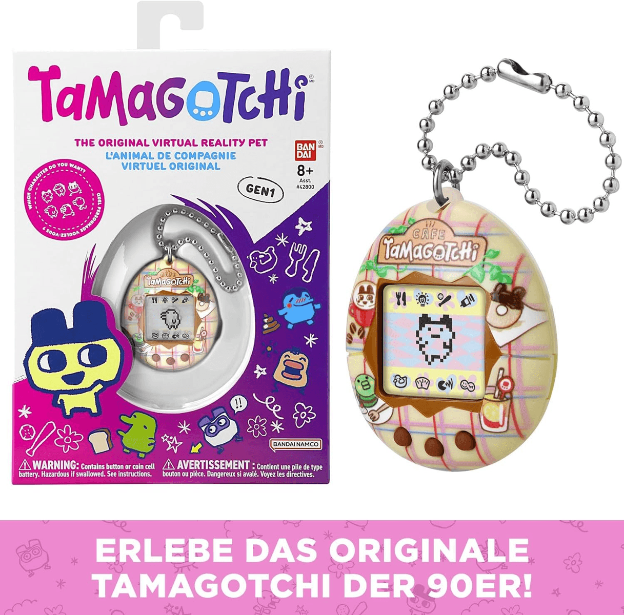 Una mascota virtual Tamagotchi con diseño de cuadros y café, junto a su colorido embalaje.