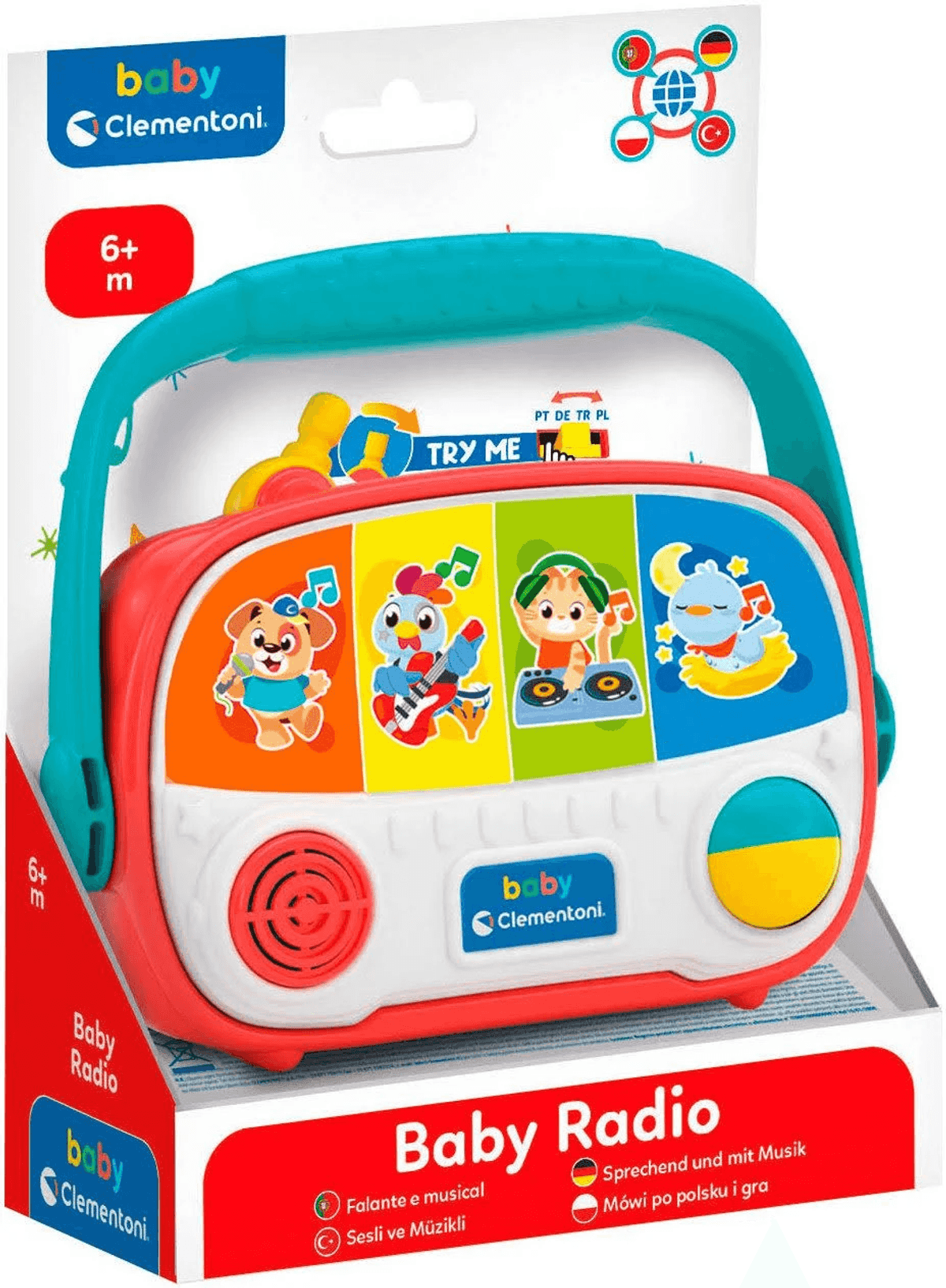 Colorido juguete de radio para bebés Clementoni con animales y asa en su caja.