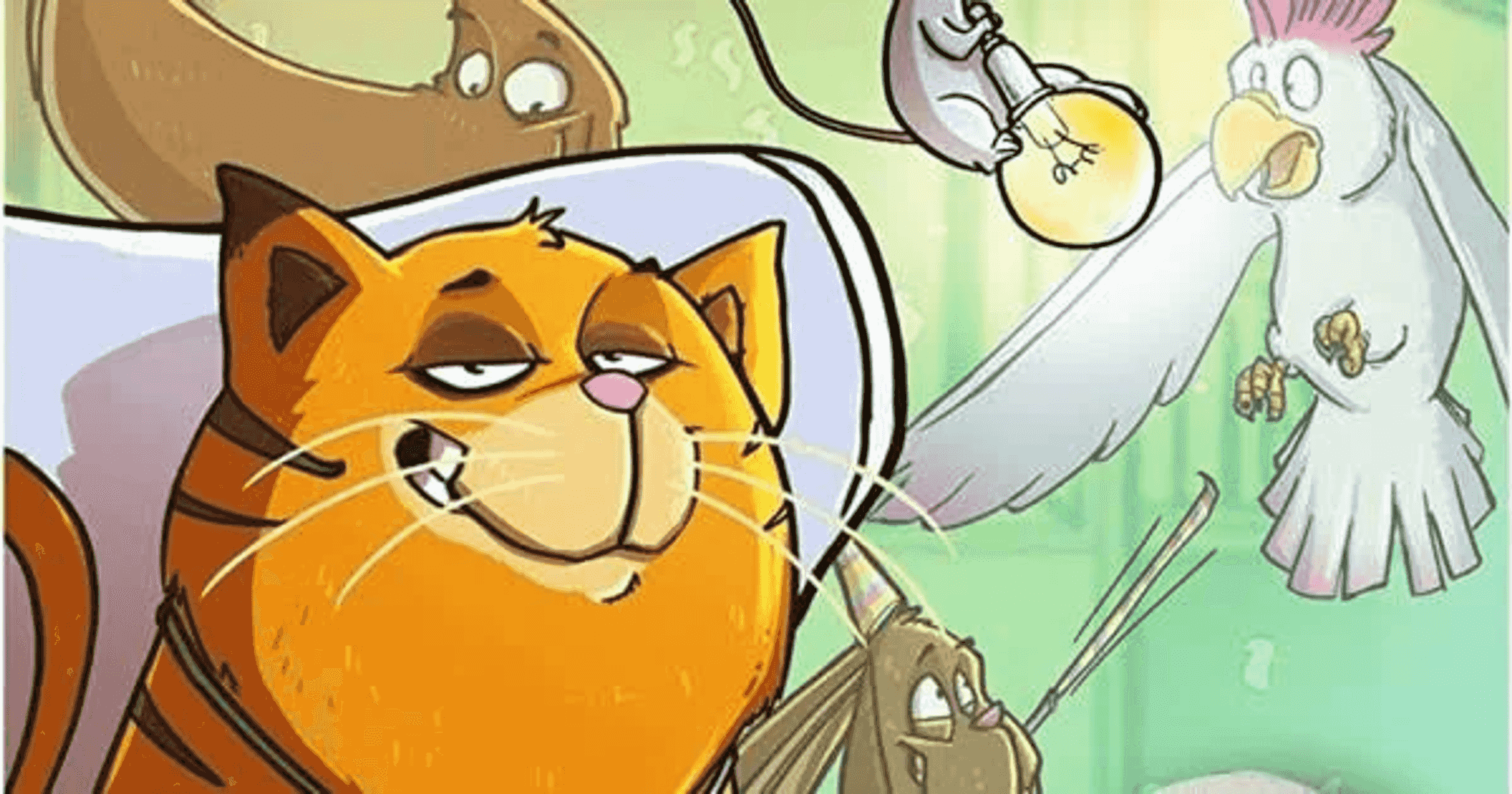 Ilustración de dibujos animados con un gato amarillo en primer plano, un pájaro blanco, un ratón con bombilla y otros animales.