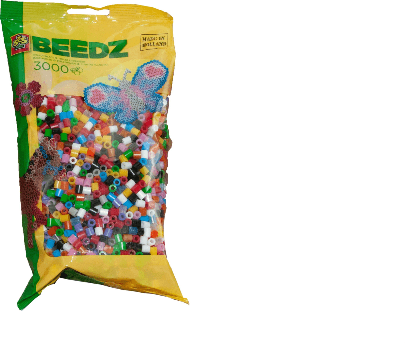Una bolsa colorida de cuentas para planchar SES Beedz con un diseño de mariposa.