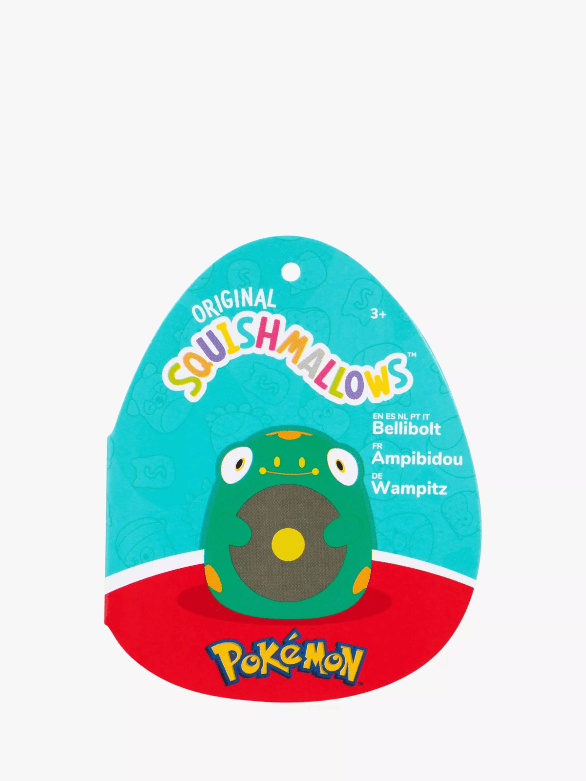 Etiqueta de Squishmallows con Bellibolt, el Pokémon rana verde, y el logo de Pokémon.