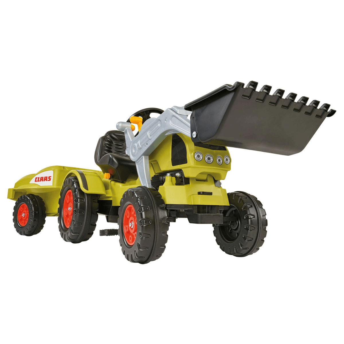 Tractor de juguete Claas amarillo con cargador frontal, remolque y grandes ruedas rojas sobre fondo blanco.