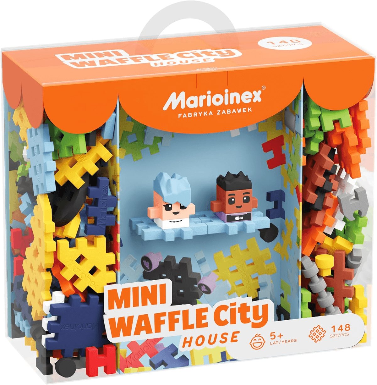 Caja de Marioinex Mini Waffle City House llena de bloques de construcción coloridos y dos figuras.