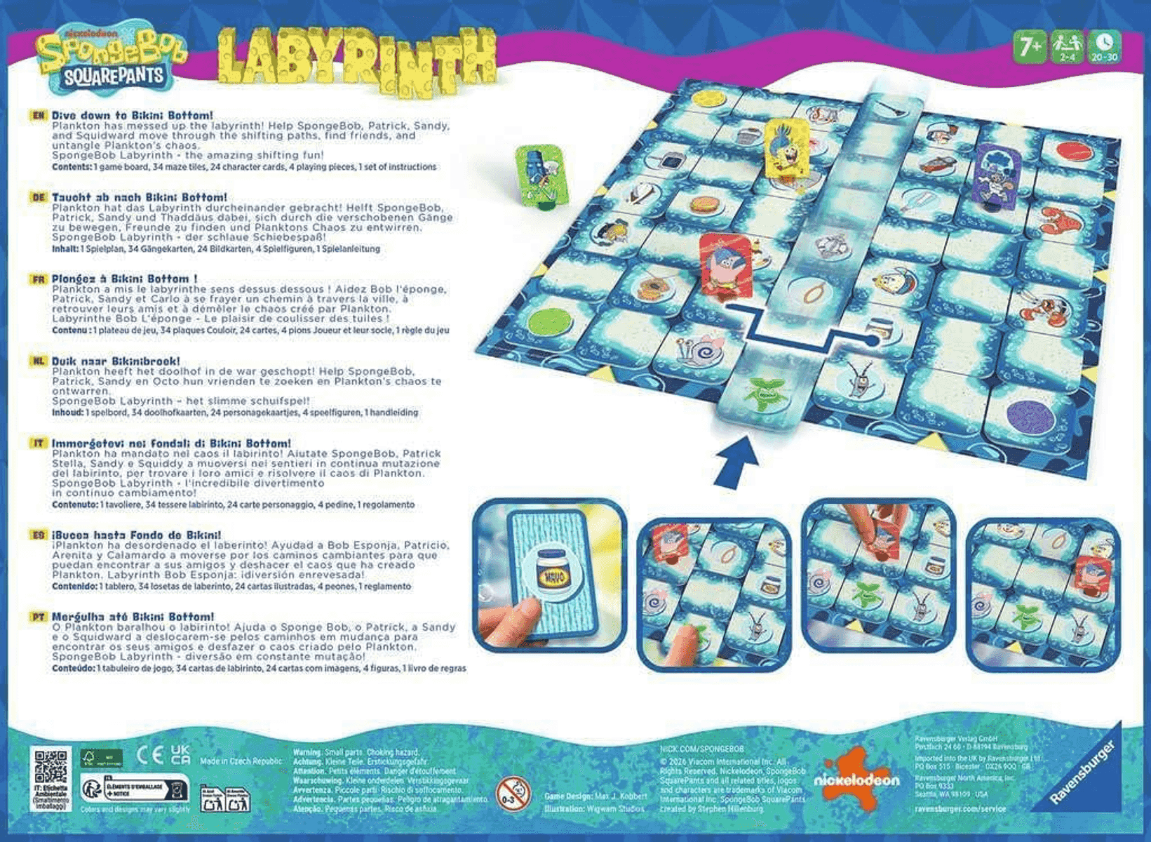 La caja del juego de mesa SpongeBob Labyrinth muestra el tablero azul y fichas.