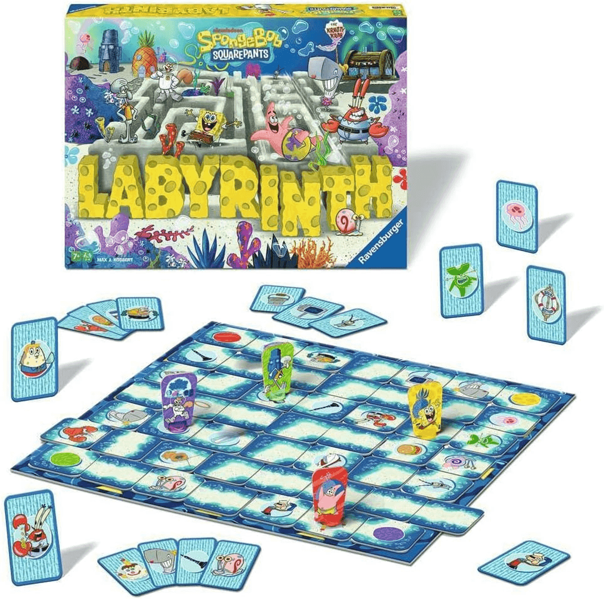 Juego de mesa SpongeBob Labyrinth con cartas de colores y fichas de personajes en una mesa.