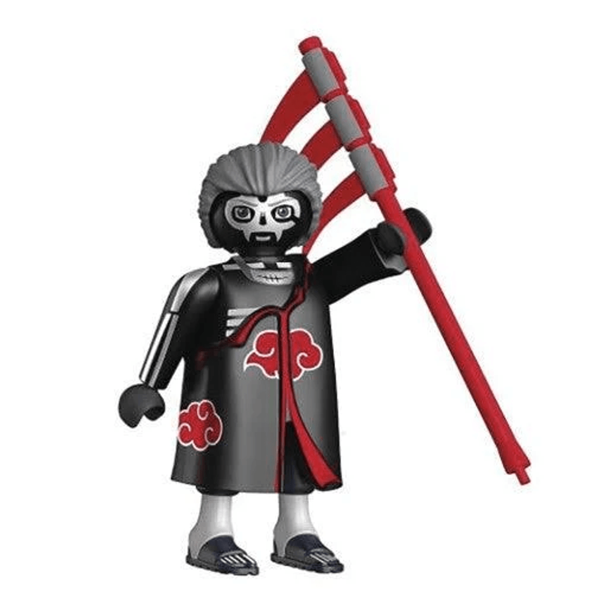Eine Spielfigur in schwarz-rotem Umhang hält eine große rote Sense.