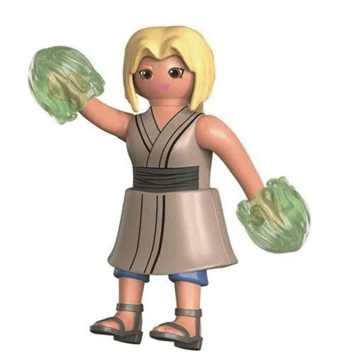 Spielzeugfigur mit blondem Haar, grauem Outfit und grünen Energieeffekten an den Händen.