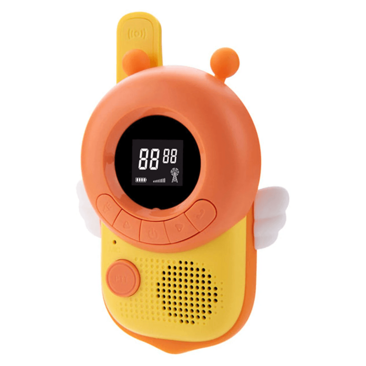Un walkie-talkie para niños naranja y amarillo con forma de insecto, antena, pantalla y altavoz.