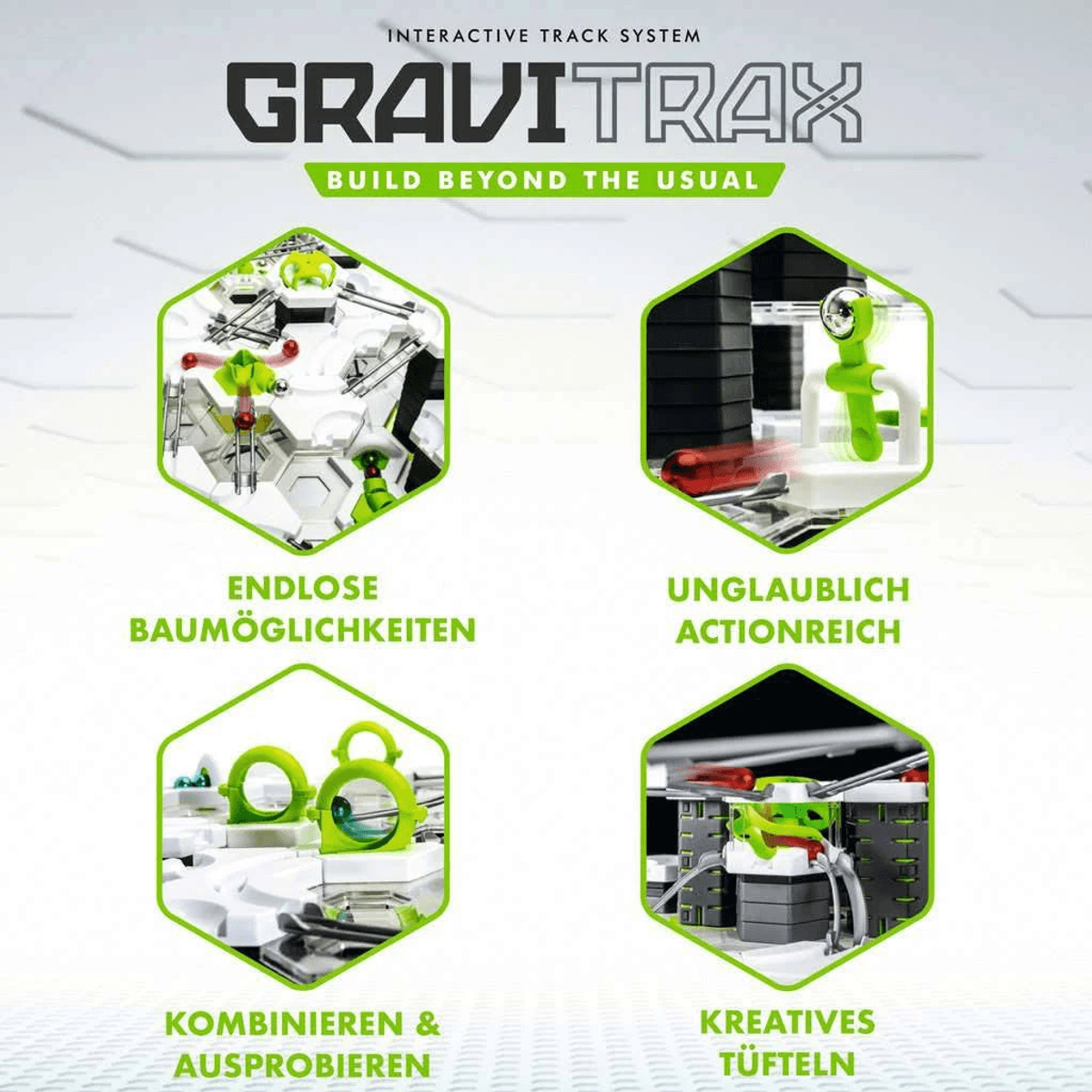 Werbebild für GraviTrax mit vier hexagonalen Ausschnitten, die verschiedene Kugelbahnelemente zeigen.