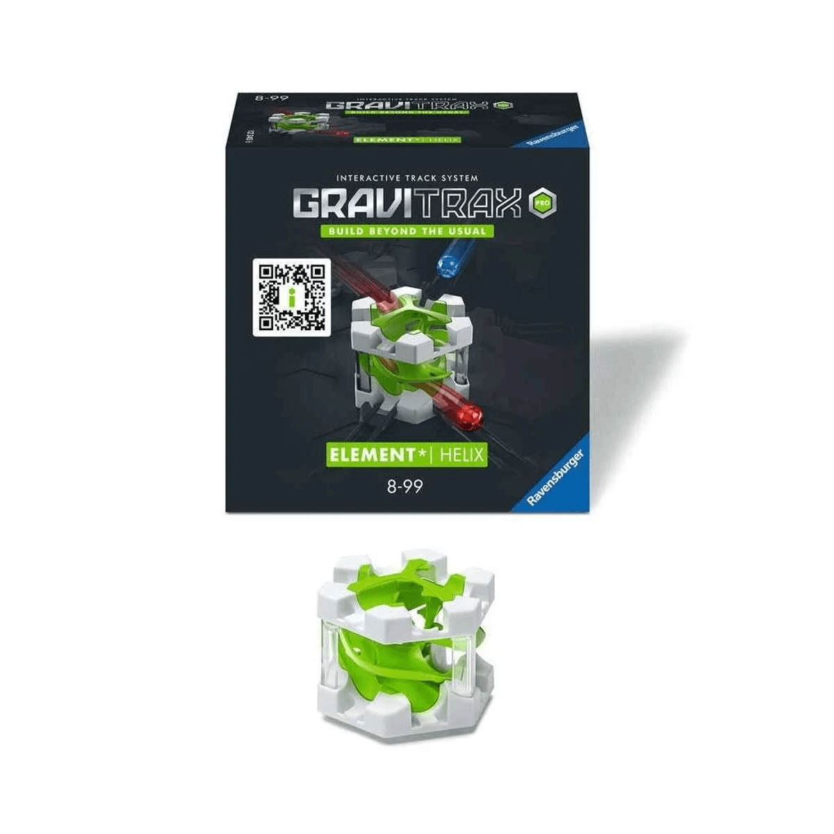 GraviTrax Pro Helix Element Spielverpackung und das grüne Bauteil.