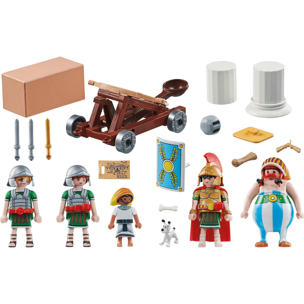 Playmobil-Set mit Römerfiguren, Obelix, Idefix, Katapult, Schild, Schwert und Säulen auf weißem Hintergrund.