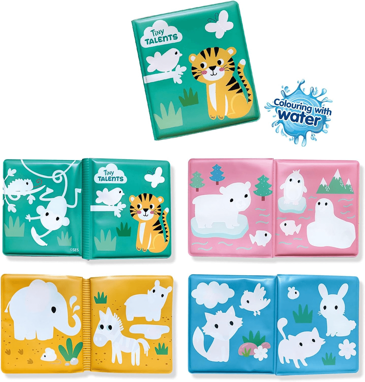 Juego de libros para colorear con agua con ilustraciones de animales como tigres, osos polares y elefantes.