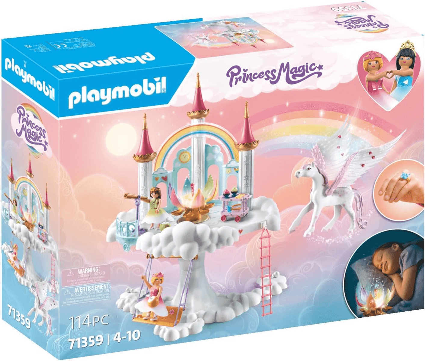 Castillo de nubes Playmobil Princess Magic con figuras, unicornio, arco iris y columpio sobre fondo de nubes rosas.