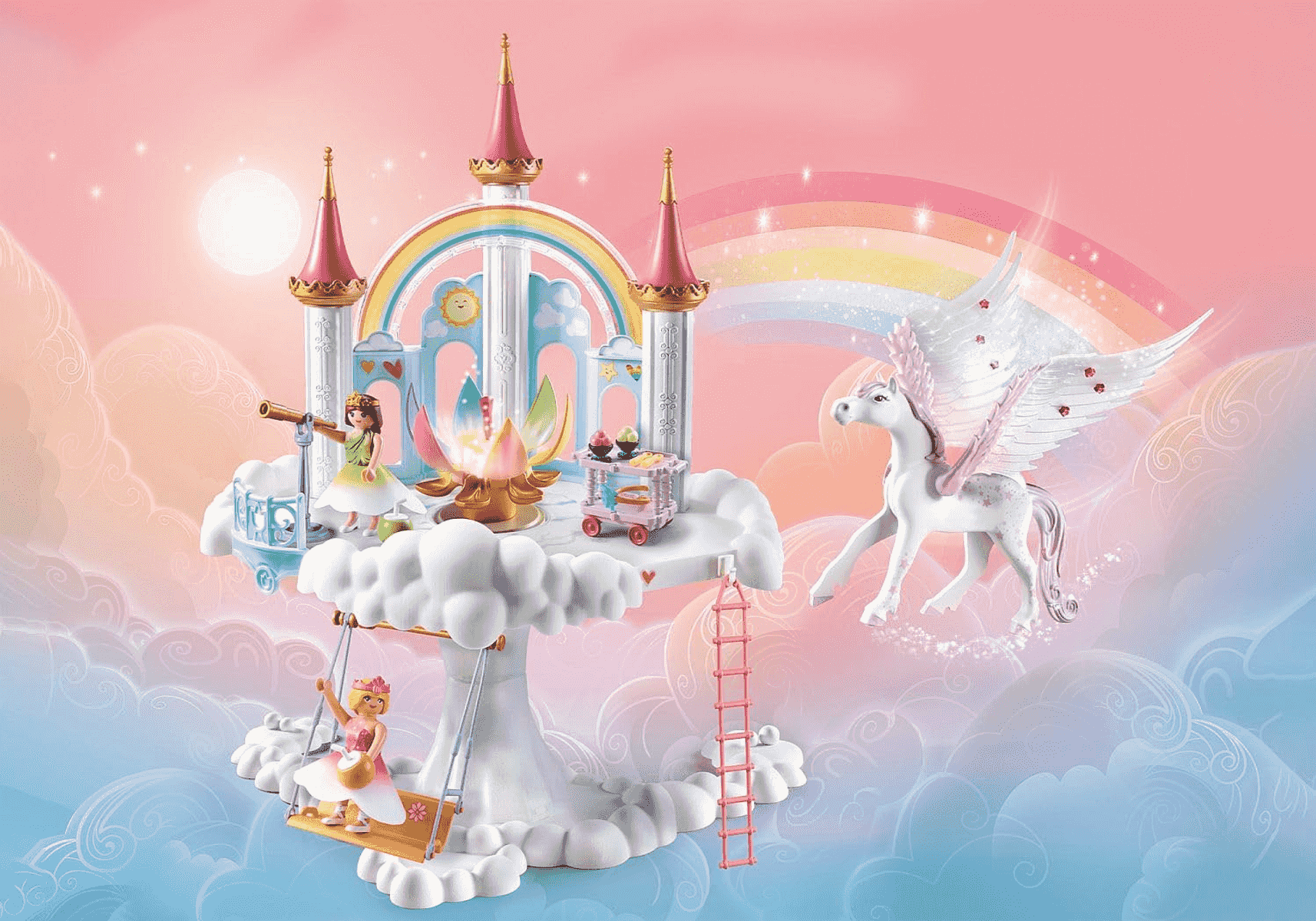 Un castillo de juguete en nubes con figuras, un carrito y un unicornio alado de fondo.