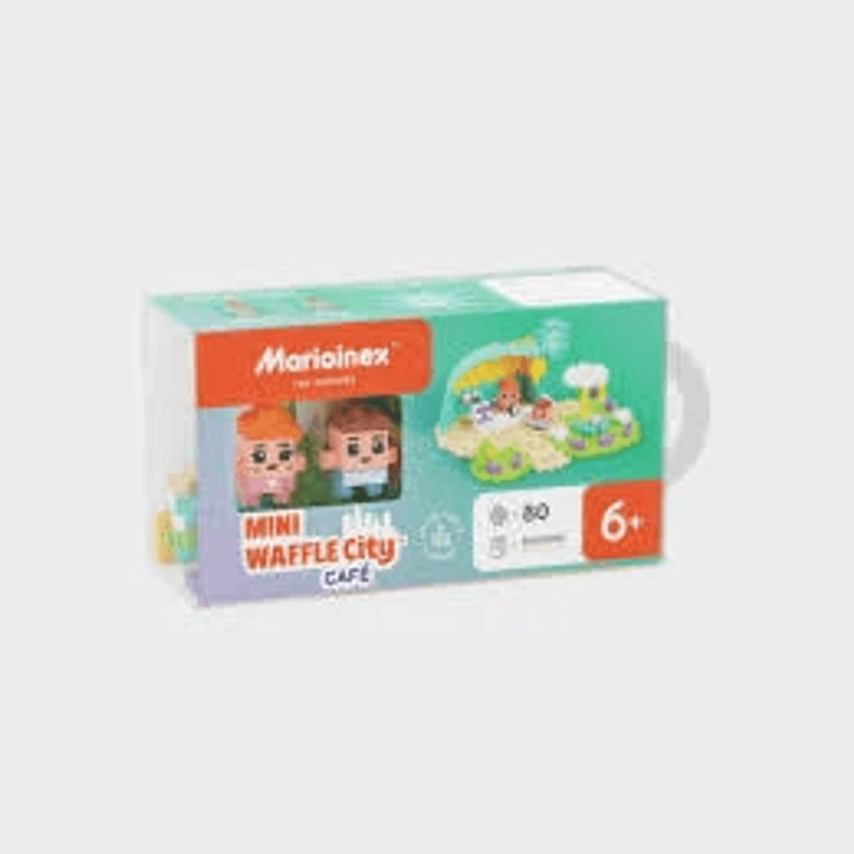 Una caja verde del juguete Marioinex Mini Waffle City Café para mayores de 6 años, con dos pequeños personajes.
