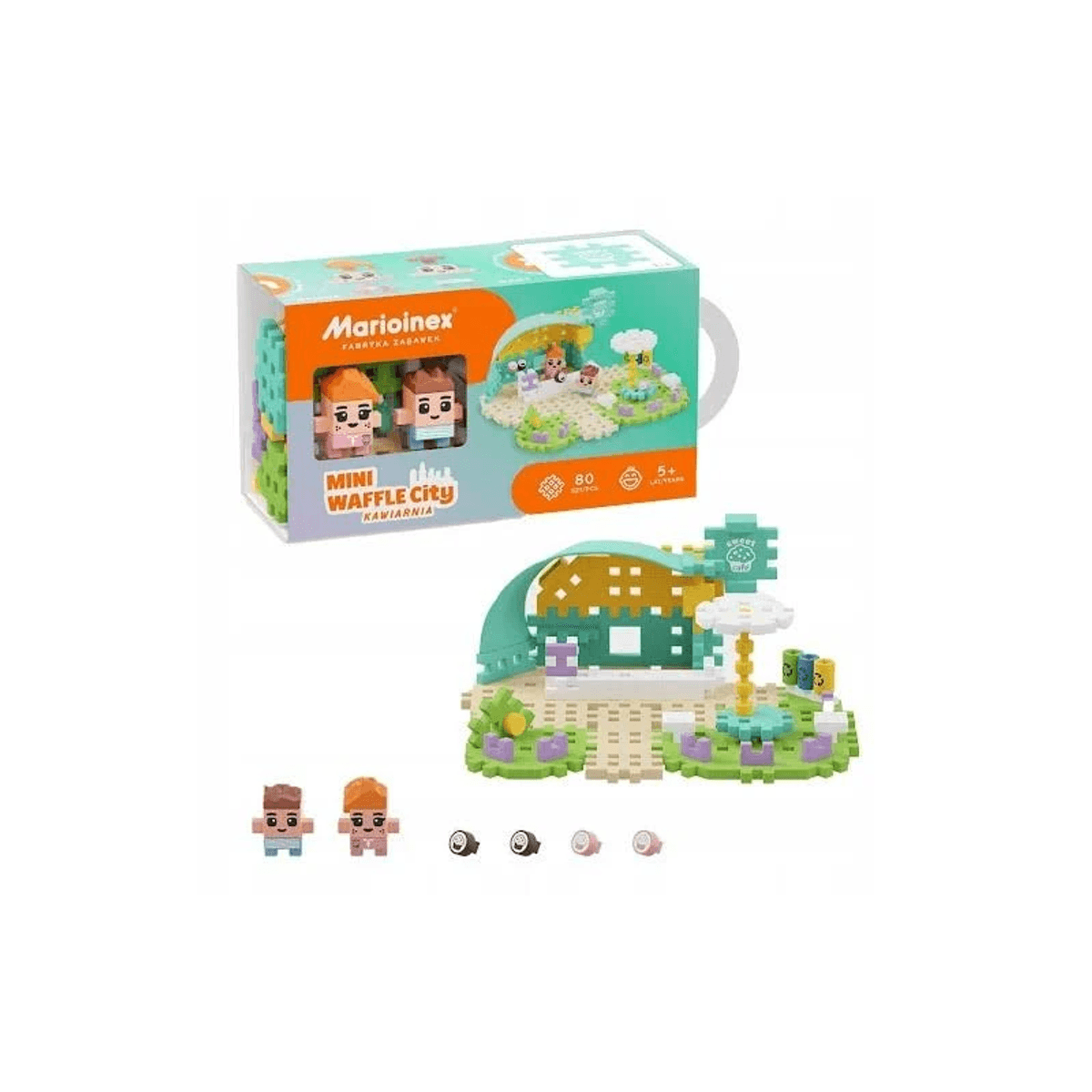 Set de juguetes Marioinex Mini Waffle City con una cafetería, dos figuras y bloques coloridos en una caja.