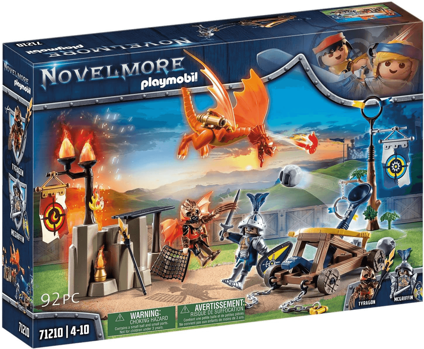 Set Playmobil Novelmore con un dragón, caballeros, catapulta y muralla.