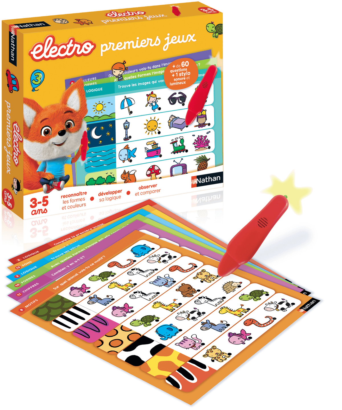 Juego educativo Nathan Electro para niños con tarjetas ilustradas y un bolígrafo electrónico rojo.