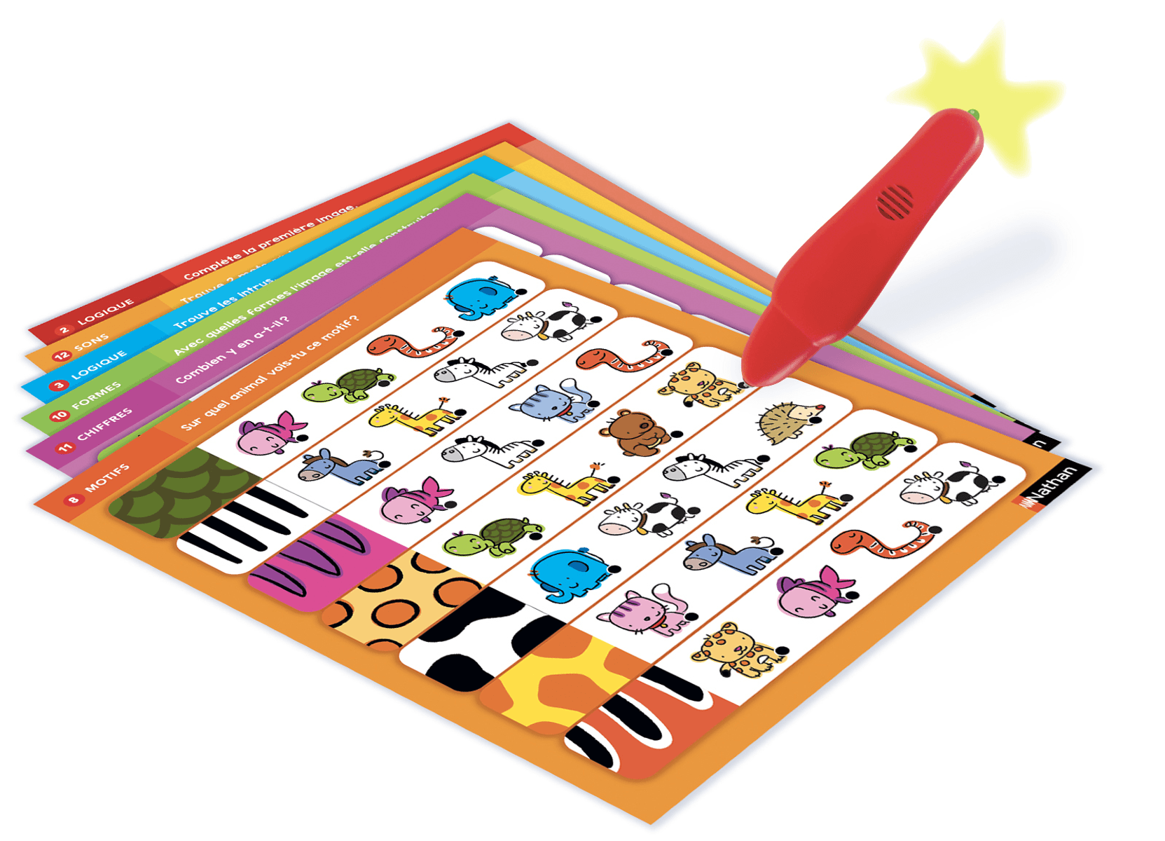Un juguete educativo interactivo con tarjetas de actividades y un bolígrafo rojo que brilla en amarillo.